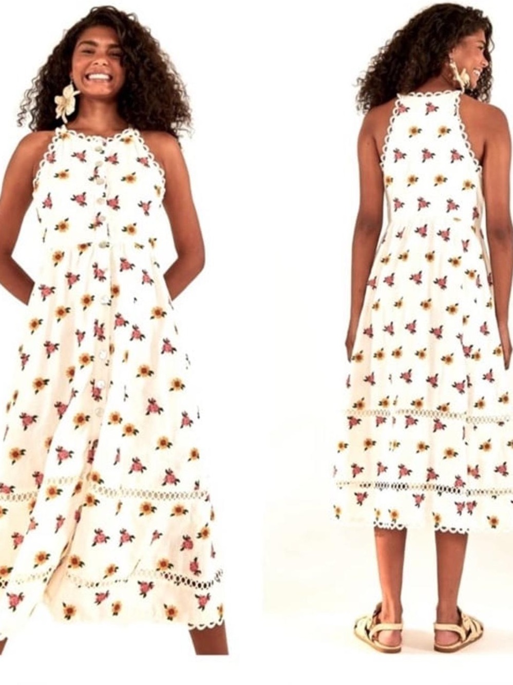 FARM Rio White Midi Dress with Pink and Yellow Cross Stitch Flowers
